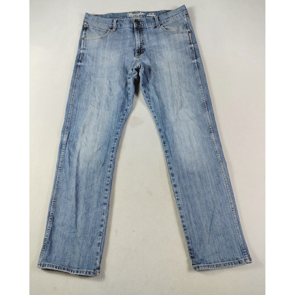 Wrangler Retro Slim Straight Jeans Mens 36 Light Wash Blue Distressed Western